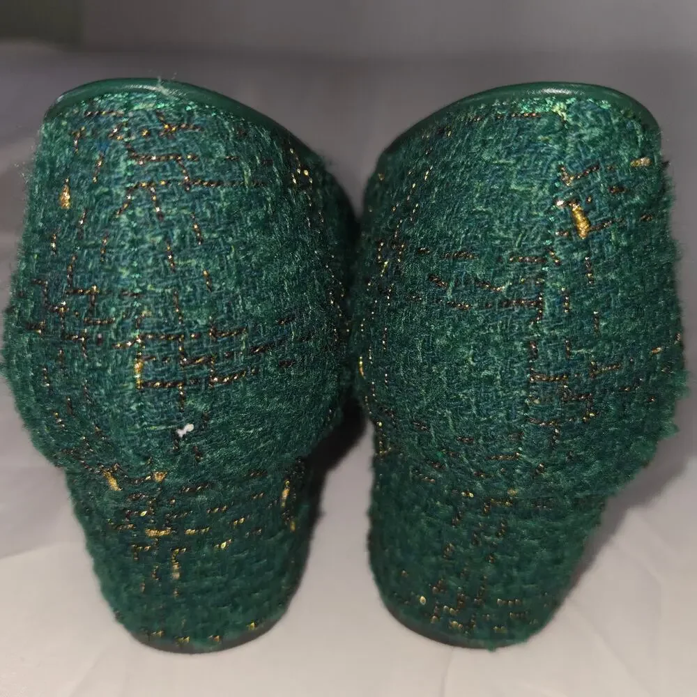 Allegra K Women Sz 9 Dark Green Gold Tweed Wedge Heels Wedding Granny Retro
